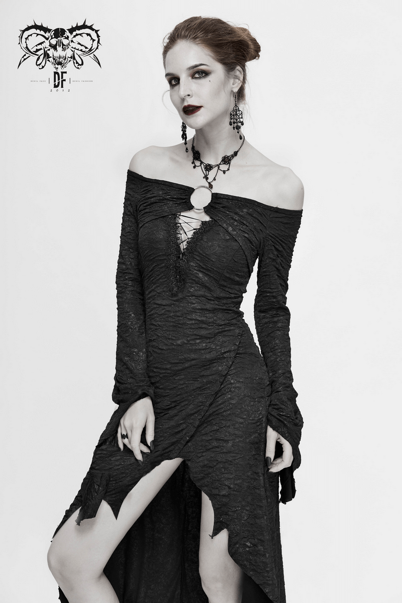 Elegant black off-shoulder gothic dress with flared sleeves and asymmetrical hem, perfect for a striking look.