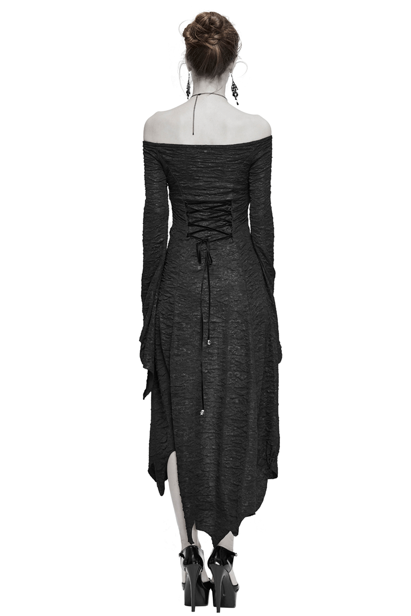 Elegant black off the shoulder dress with flared sleeves and asymmetrical hem, perfect for gothic style lovers.