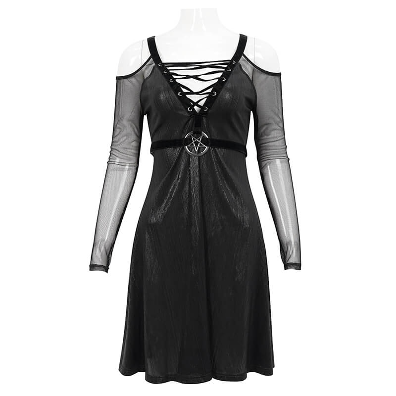 Black Sexy Off-The-Shoulder Long Sleeve Dress with Pentagram / Gothic Style Women's Clothing - HARD'N'HEAVY