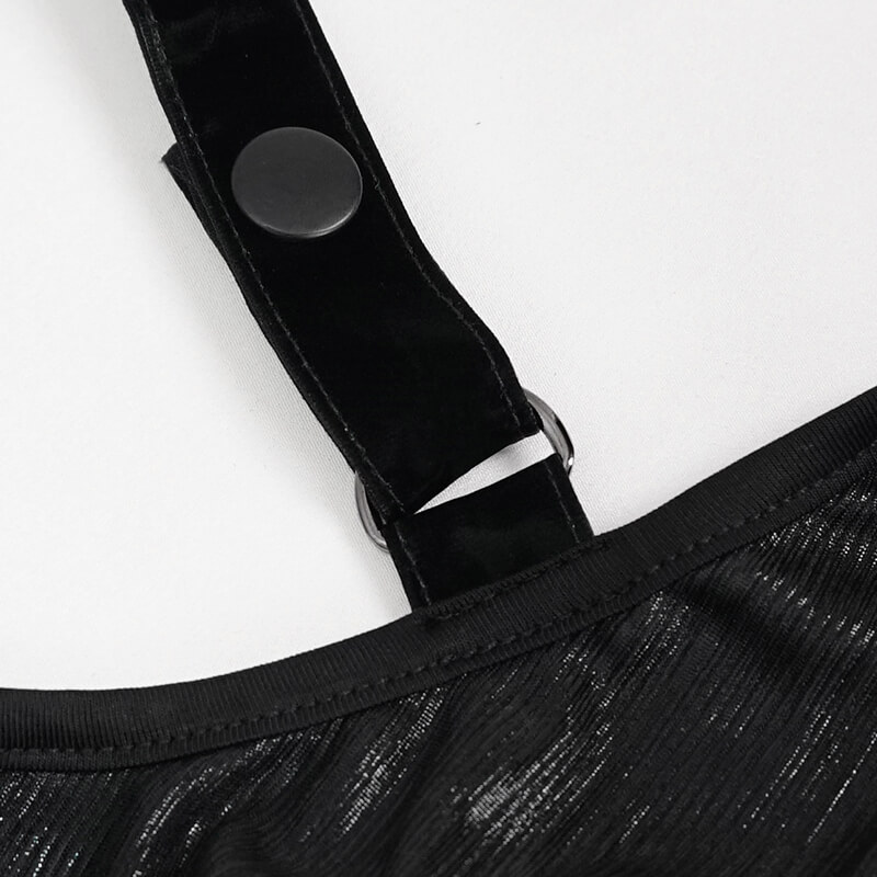Close-up of the stylish off-the-shoulder strap detail on a black gothic women's dress, featuring a snap closure.