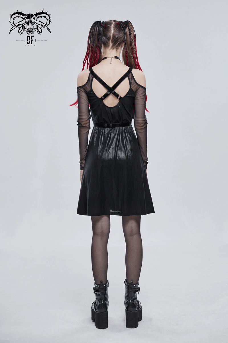 Back view of a black off-the-shoulder gothic dress with elegant straps, perfect for a stylish look.