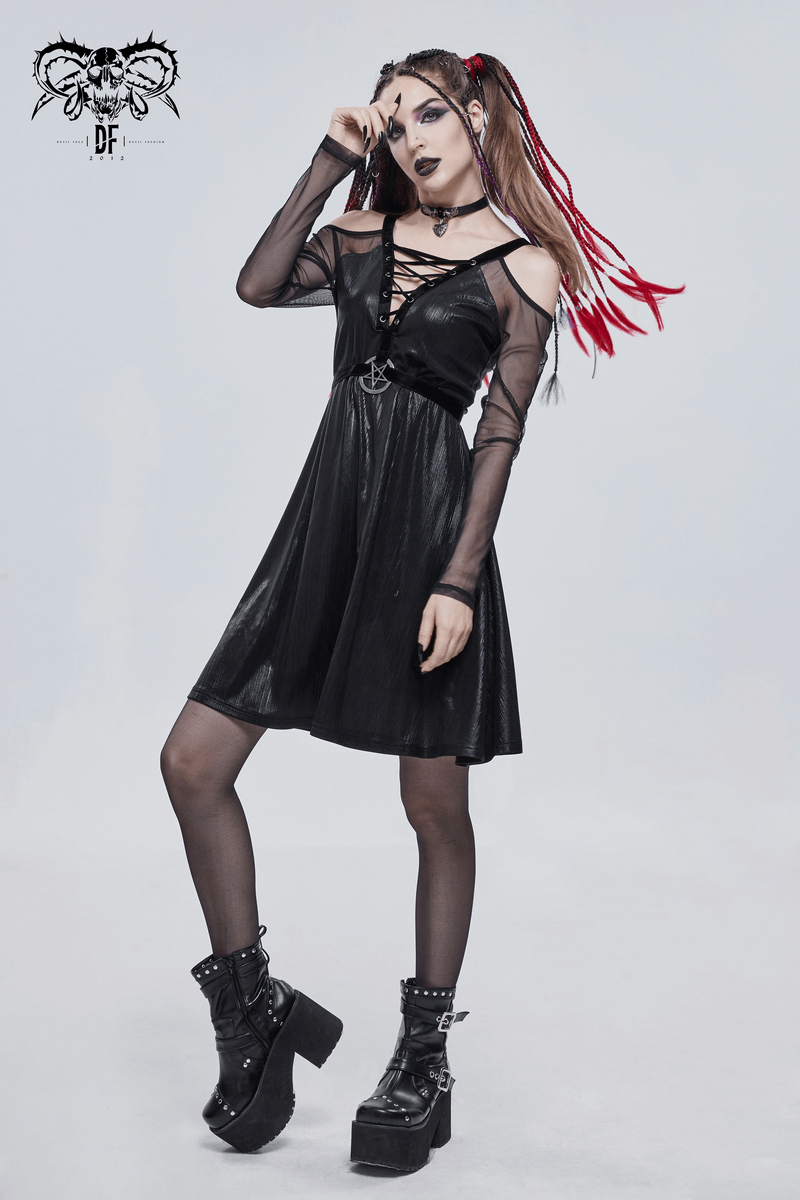 Gothic off-the-shoulder long sleeve black dress with pentagram, featuring transparent inserts and stylish accessories.