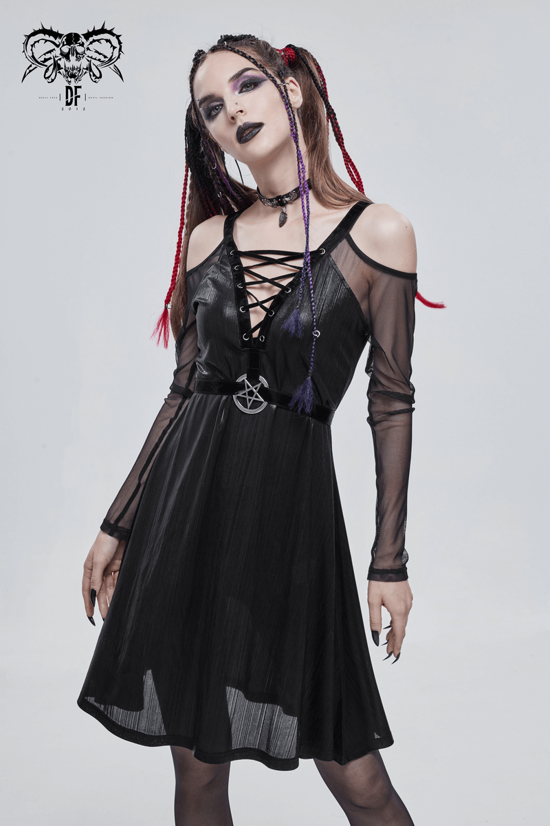Gothic women's black off-the-shoulder dress with sheer sleeves and pentagram pendant, perfect for a stylish look.