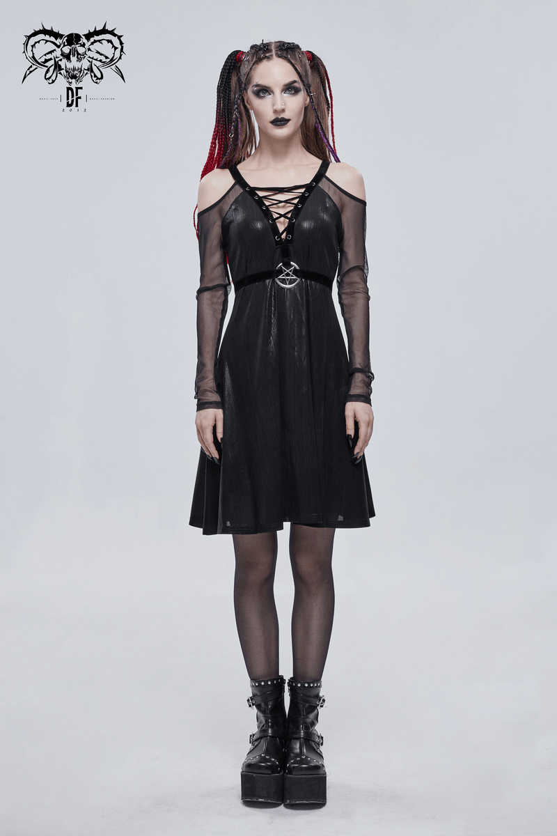 Black off-the-shoulder gothic dress with lace-up detail and pentagram, perfect for stylish women's fashion.