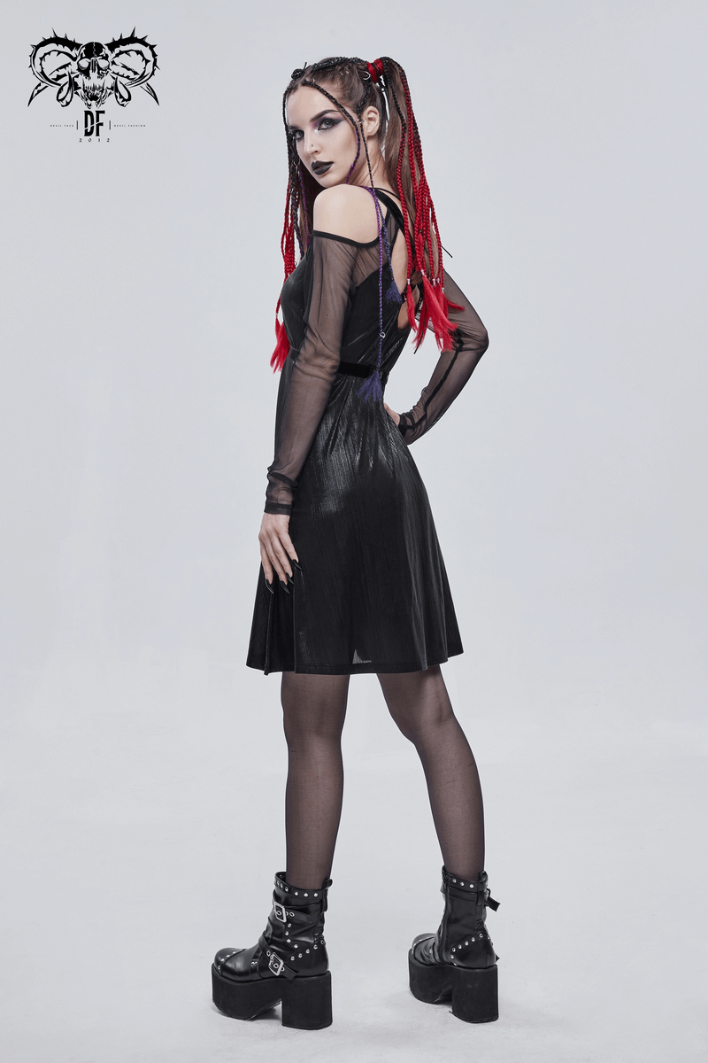 Gothic black off-the-shoulder long sleeve dress featuring transparent inserts and a silver pentagram, styled with edgy accessories.