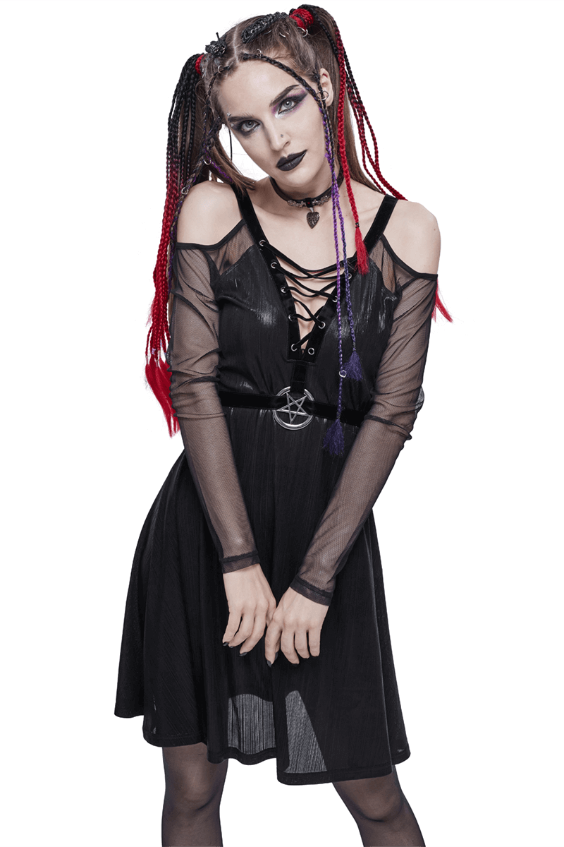 Gothic black off-the-shoulder dress with sheer sleeves, featuring a pentagram and stylish lace-up detail.