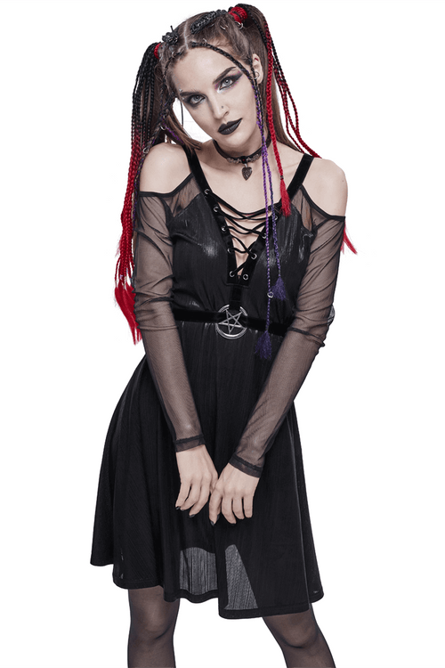 Vestido negro sexy de manga larga con hombros descubiertos y pentagrama/ropa de mujer de estilo gótico