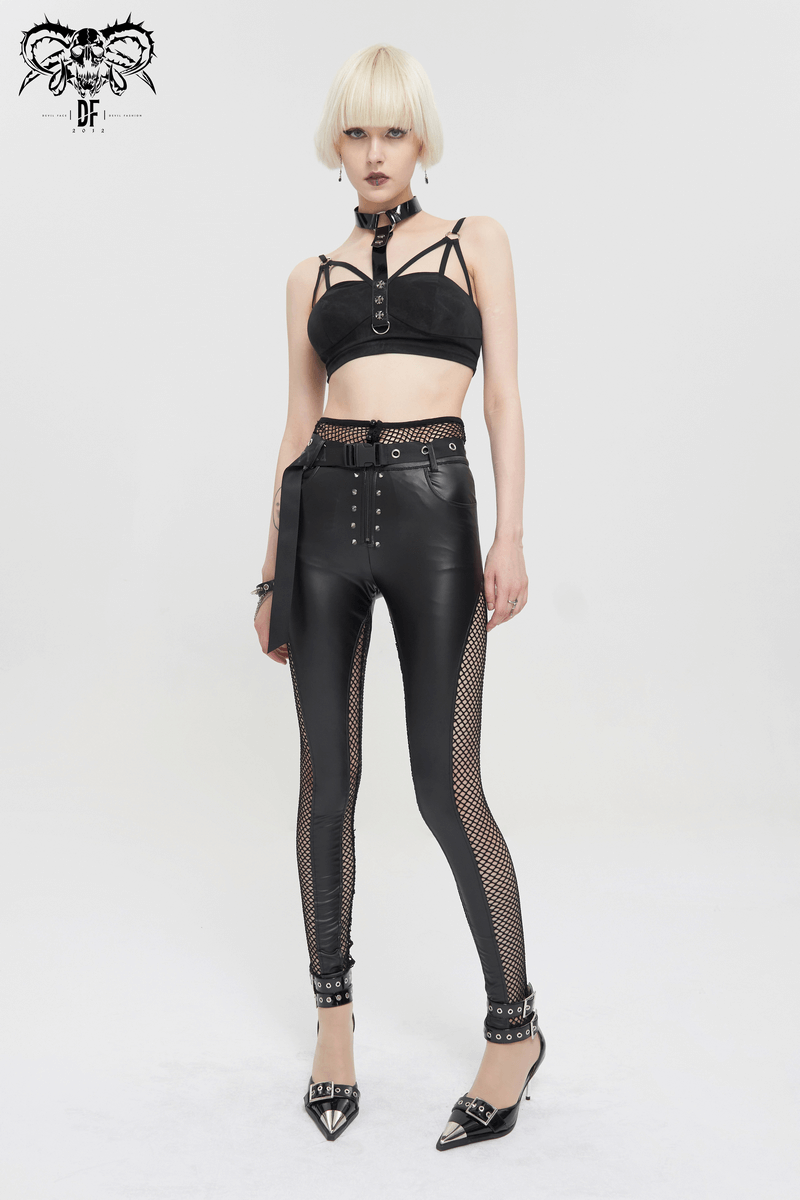 Fashionable model in black sexy women's bra with faux leather neck strap and stylish faux leather leggings.