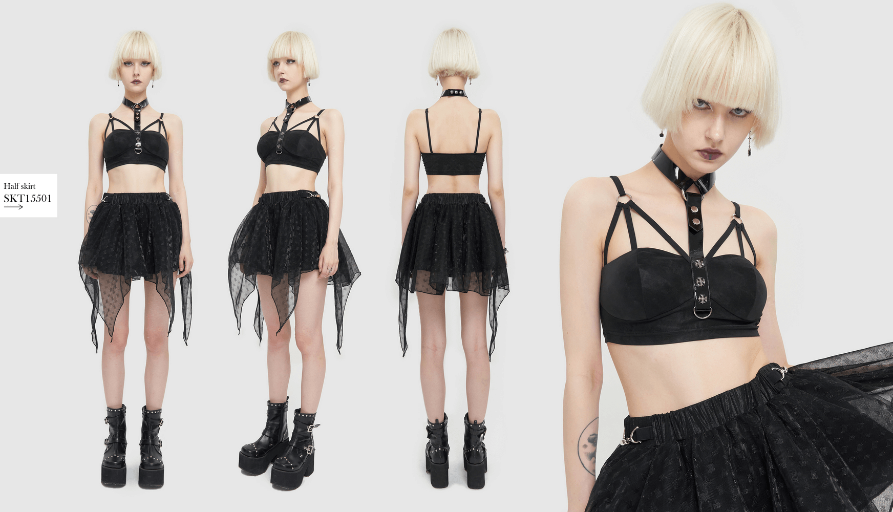 Front and back view of a black sexy women's bra with faux leather neck strap and punk style skirt.