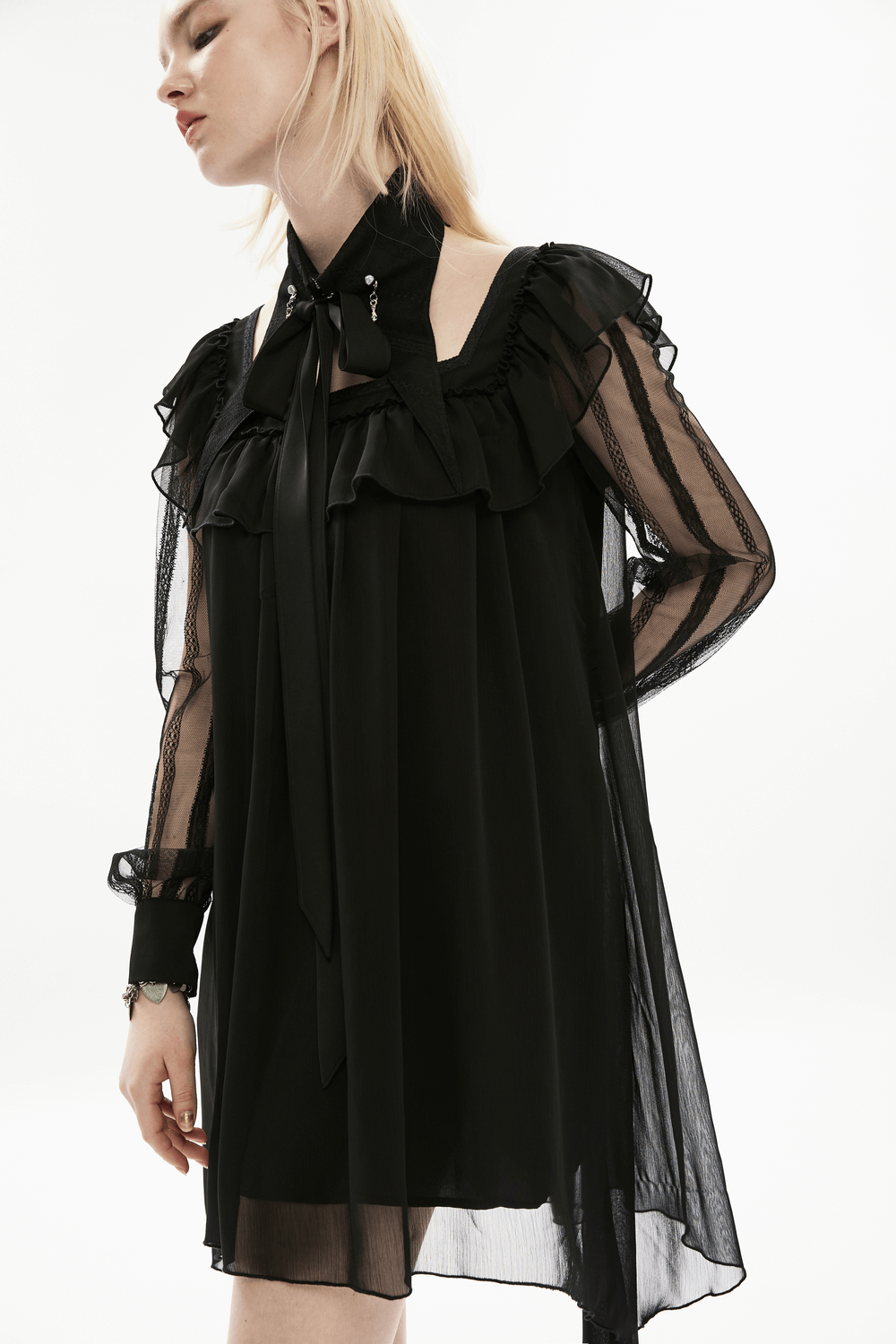Black Sheer Balloon Sleeve Asymmetrical Dress