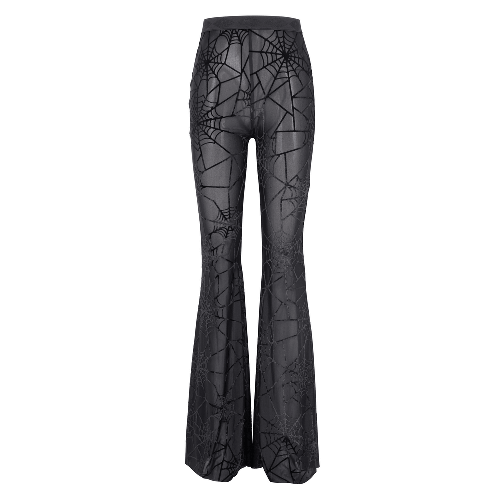 Black sheer flare pants with spiderweb pattern, perfect for gothic and edgy fashion styles.