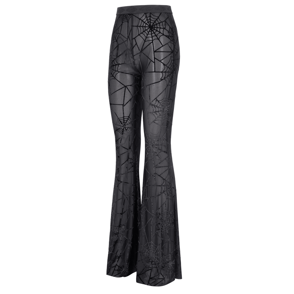 Black sheer flare pants with spiderweb pattern, perfect for gothic style and edgy aesthetics.