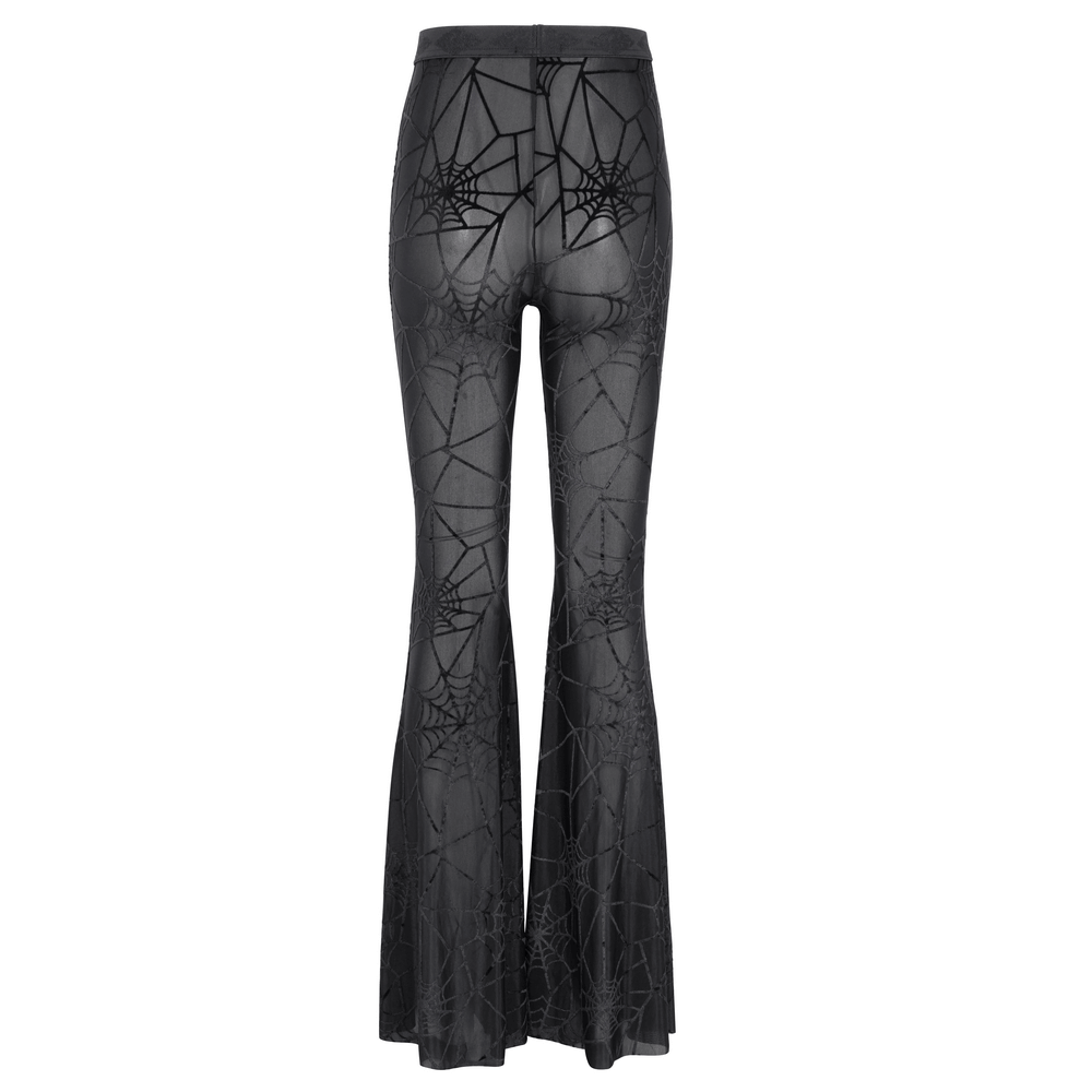 Black sheer flare pants with spiderweb pattern, perfect for gothic fashion enthusiasts.