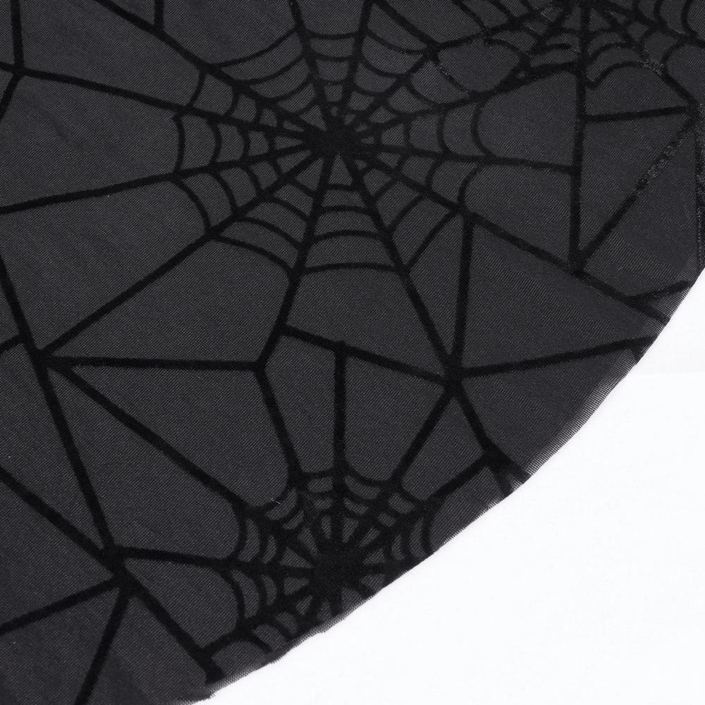 Close-up of black sheer fabric featuring intricate spiderweb pattern, perfect for gothic styles.