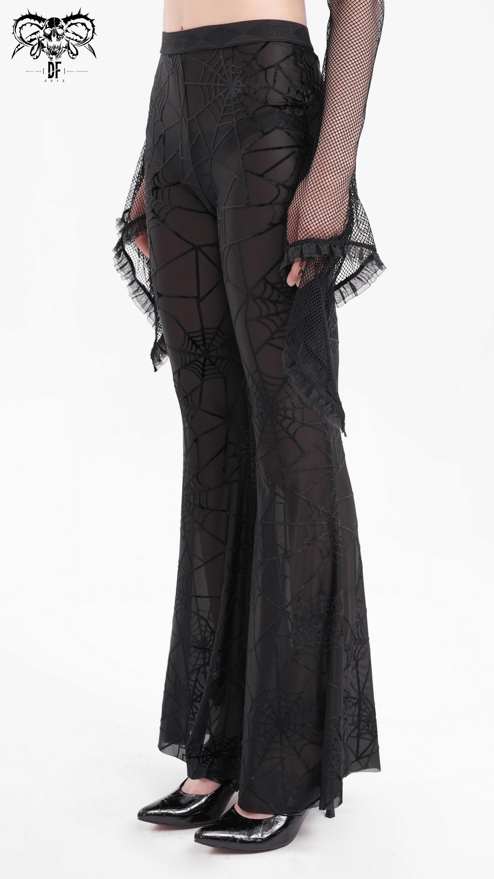 Gothic black sheer flare pants with spiderweb pattern, showcasing a high-waisted design and elegant silhouette.