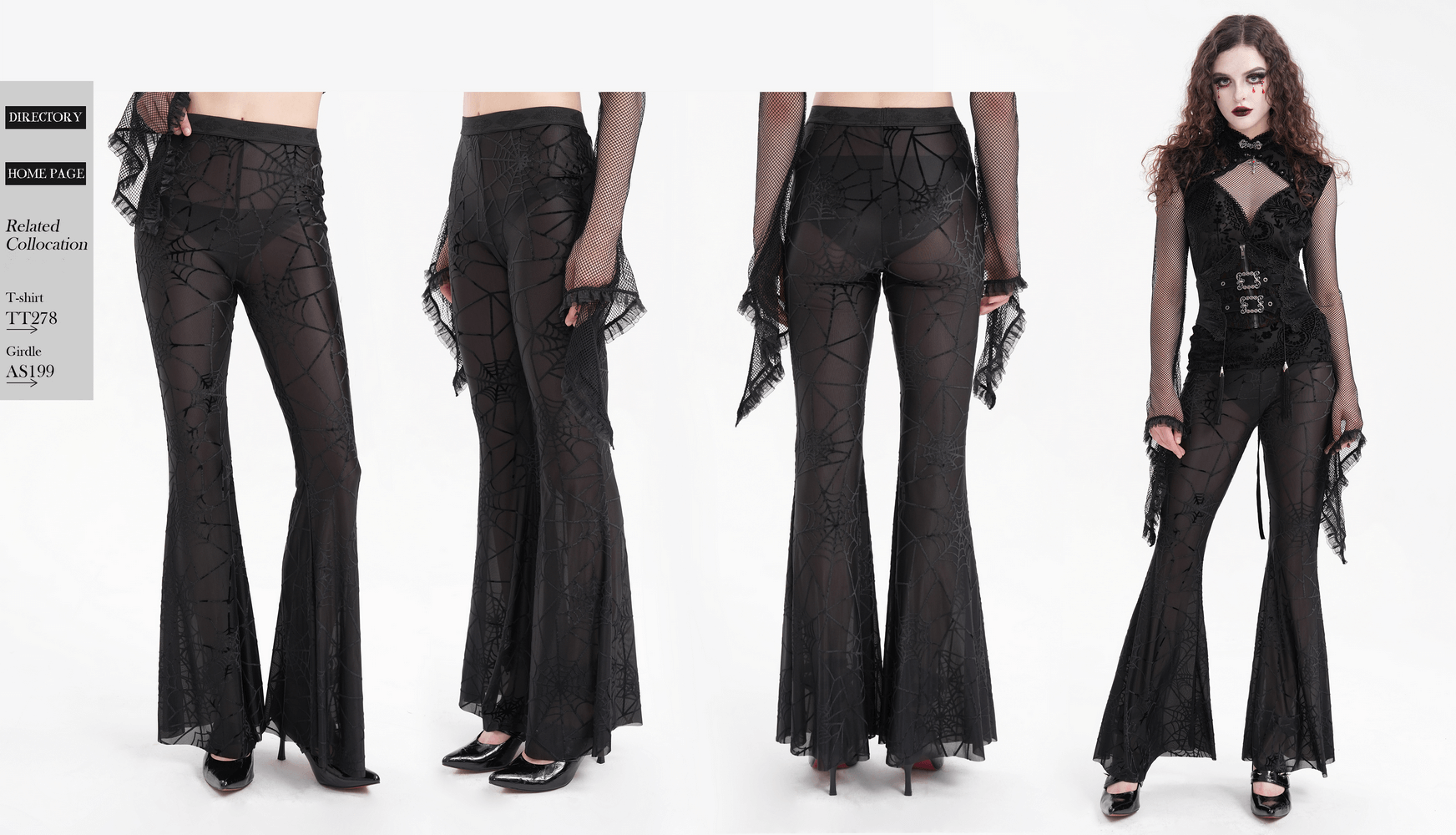 Black sheer flare pants with spiderweb pattern, perfect for gothic and edgy fashion styles.