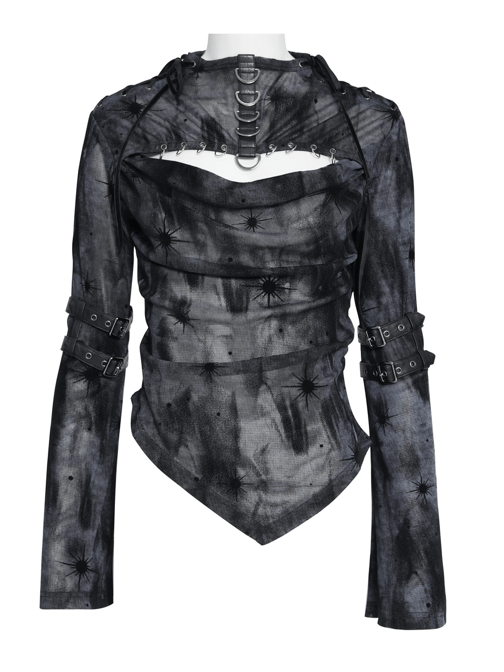 Black Sheer Gothic Mesh Top with Buckle Sleeve Straps featuring dark star print and harness arm straps.