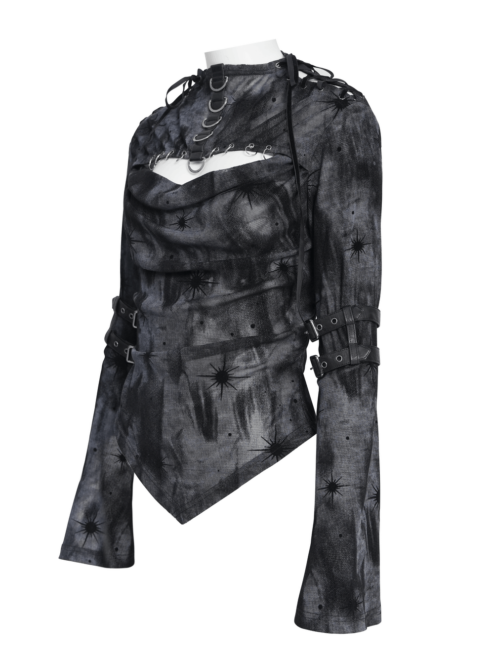 Black Sheer Gothic Mesh Top with Buckle Sleeve Straps, featuring harness arm straps and starburst print in smoky mesh.