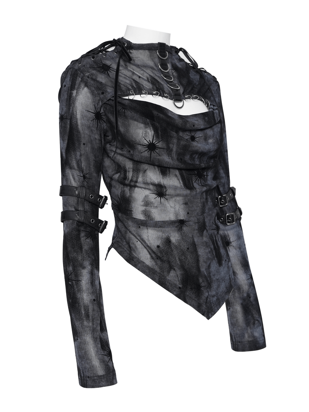Black Sheer Gothic Mesh Top with Buckle Sleeve Straps featuring harness detail and starburst accents.