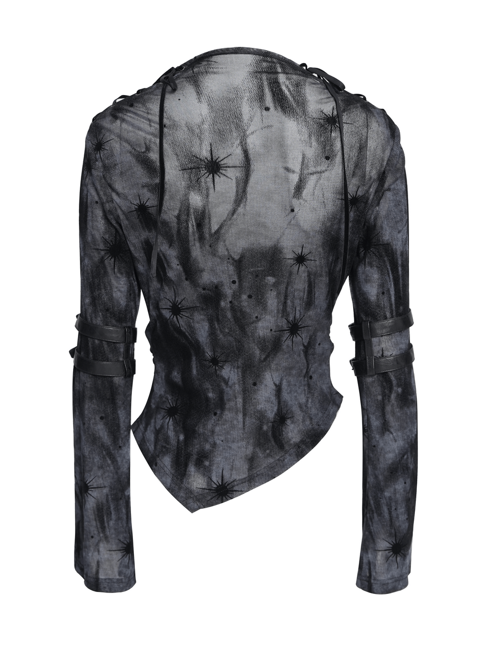 Black Sheer Gothic Mesh Top with Buckle Sleeve Straps featuring a smoky mesh design and starburst accents.