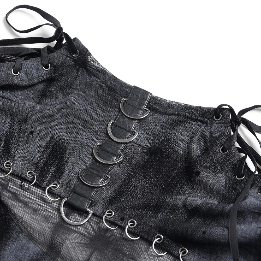 Black Sheer Gothic Mesh Top with Buckle Sleeve Straps featuring intricate lacing and metal D-ring accents.