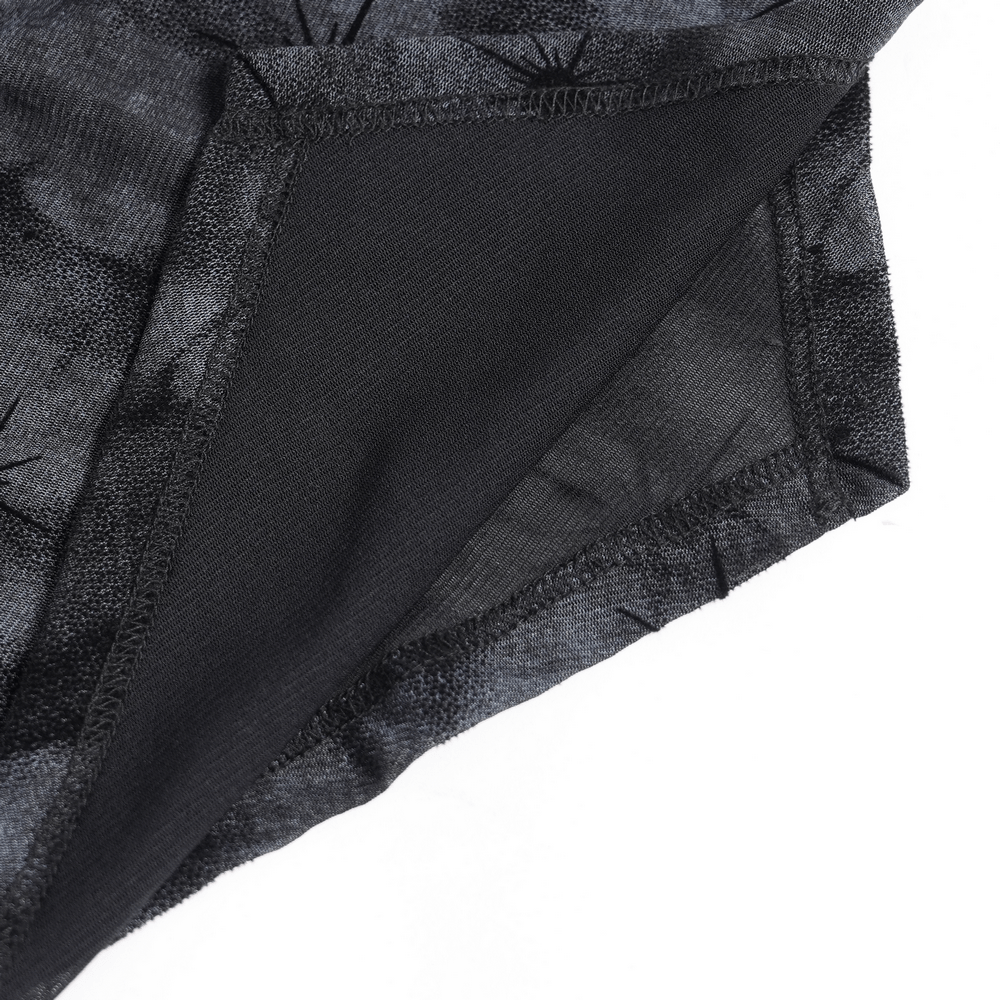 Black Sheer Gothic Mesh Top with Buckle Sleeve Straps inner view showcasing smoky mesh and dark star accents.