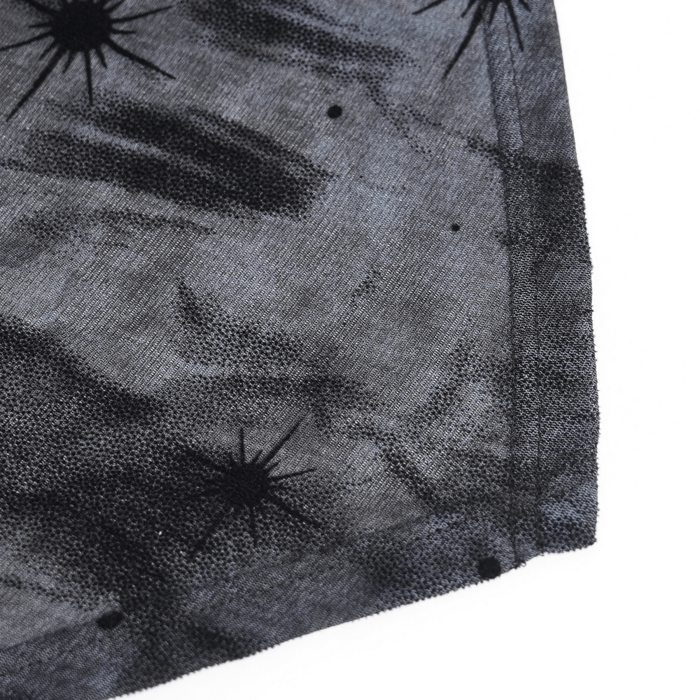 Black Sheer Gothic Mesh Top with Buckle Sleeve Straps showing starburst accents on smoky mesh fabric.