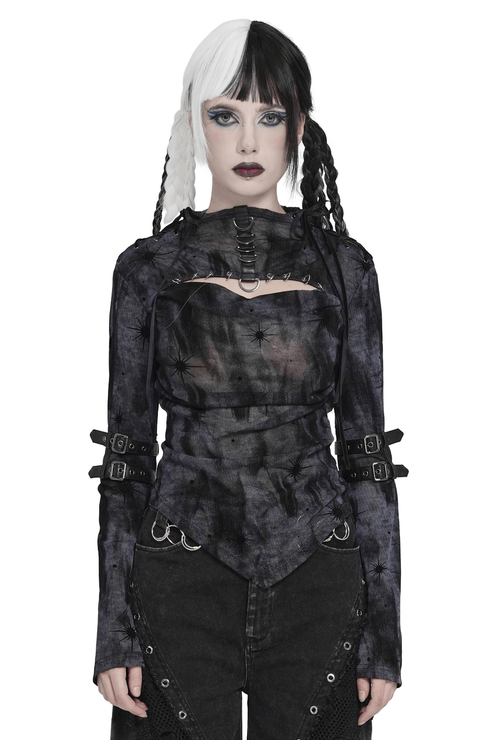 Black Sheer Gothic Mesh Top with Buckle Sleeve Straps on model, showcasing dark style with harness arm straps.