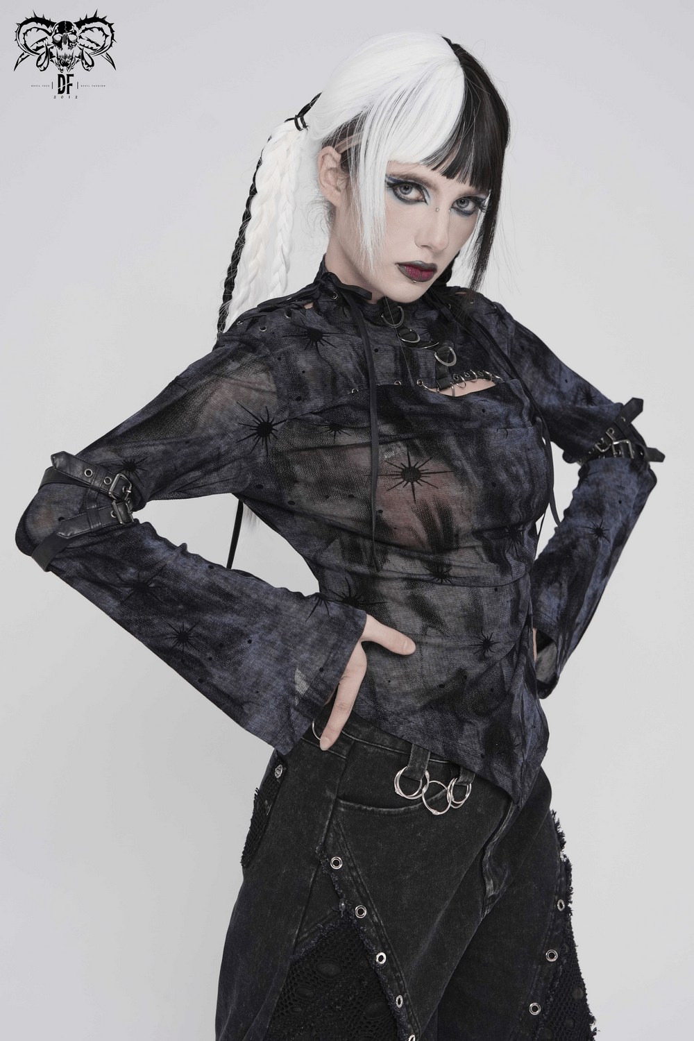 Black Sheer Gothic Mesh Top with Buckle Sleeve Straps, featuring harness arm straps and dark star print.