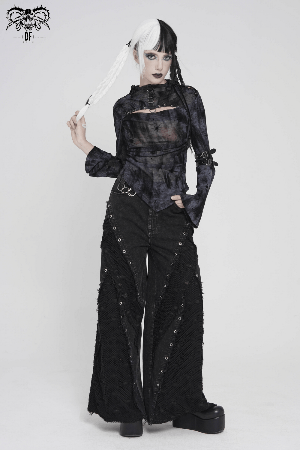 Black Sheer Gothic Mesh Top with Buckle Sleeve Straps worn with dark pants, showcasing an edgy cyber goth style.