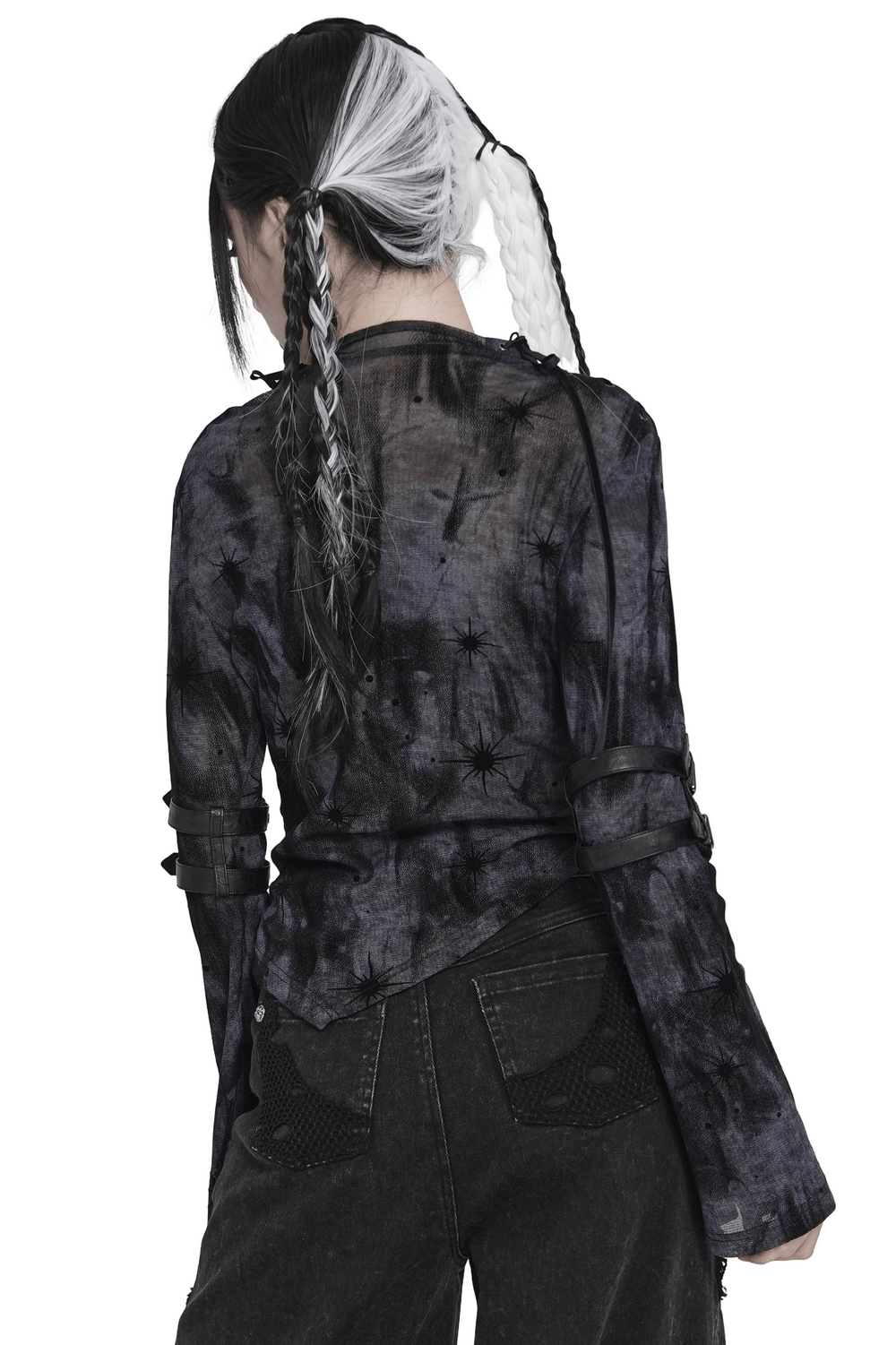 Black Sheer Gothic Mesh Top with Buckle Sleeve Straps showcasing the back with starburst design and long sleeves.