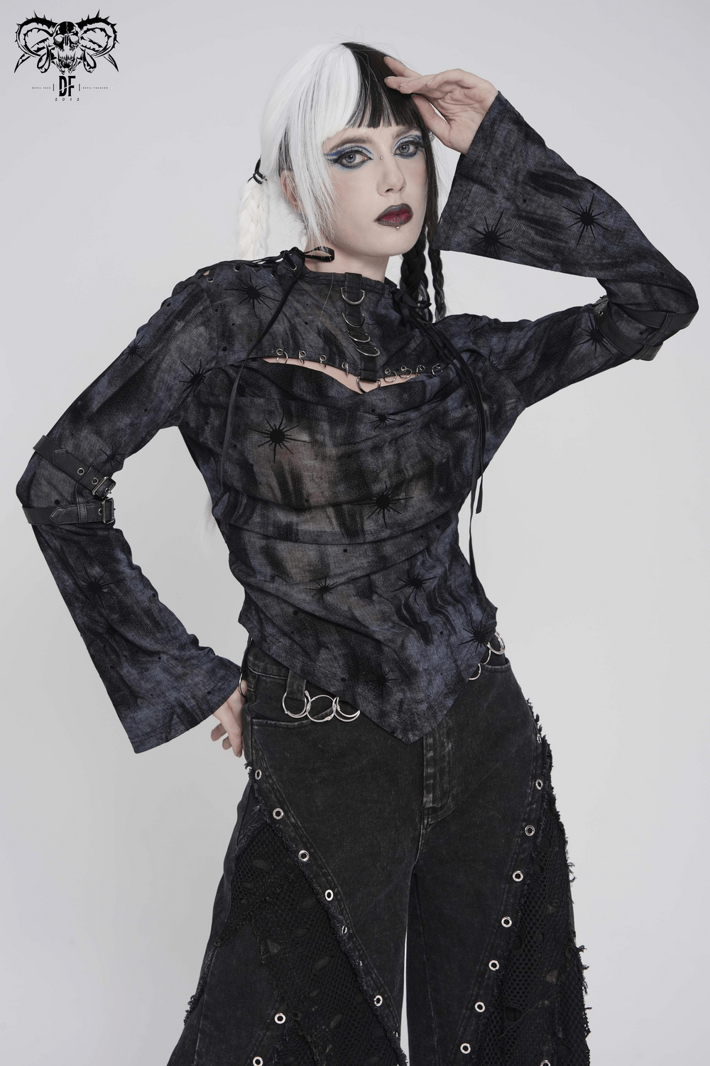 Black Sheer Gothic Mesh Top with Buckle Sleeve Straps featuring dramatic starburst accents and D-ring hardware.