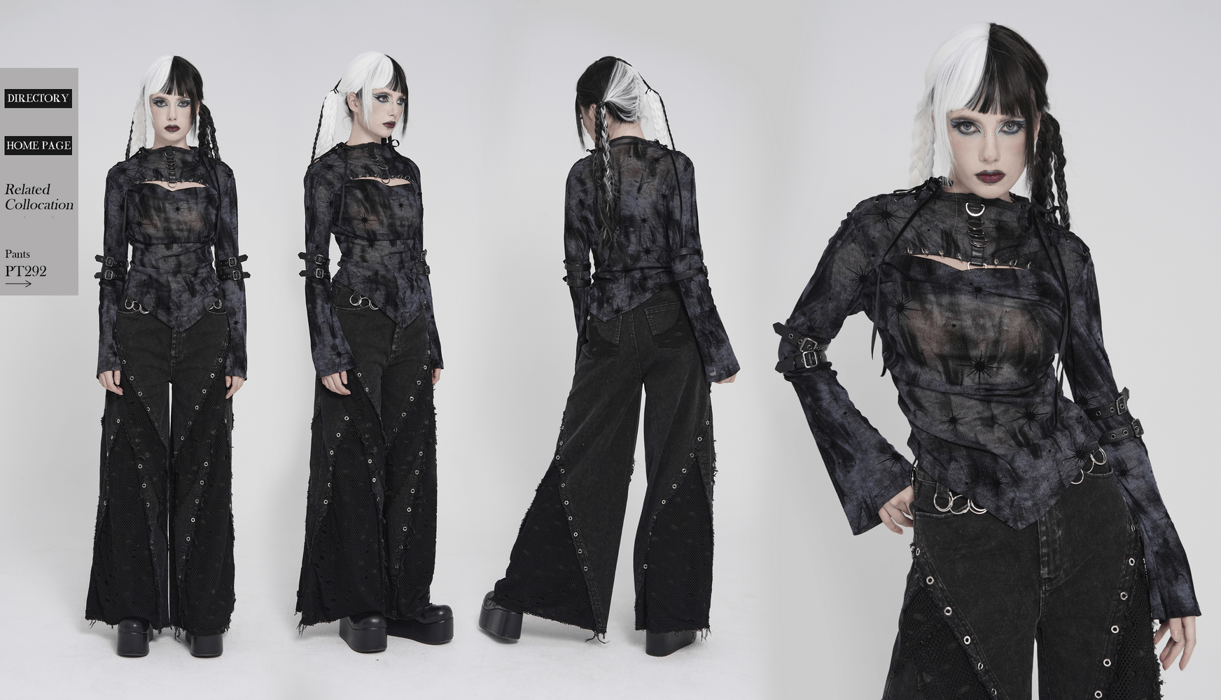Black Sheer Gothic Mesh Top with Buckle Sleeve Straps worn with striking flared pants, showcasing a cyber goth style.