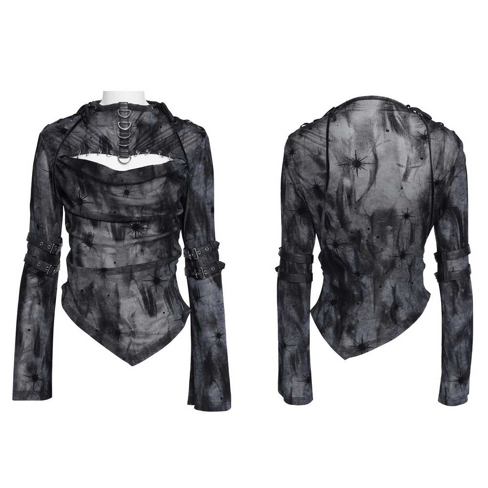 Black Sheer Gothic Mesh Top with Buckle Sleeve Straps featuring harness arm straps and starburst accents.
