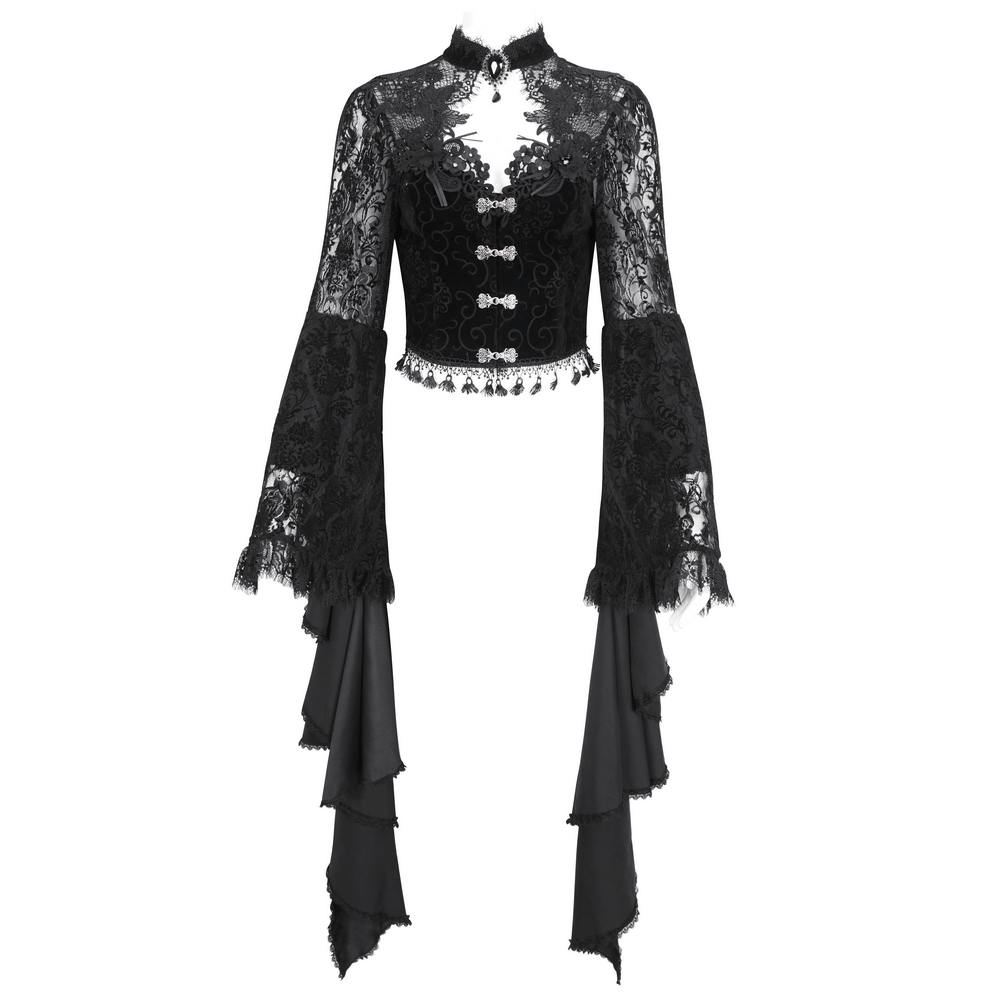Black Sheer Lace Crop Top With Long Bell Sleeves