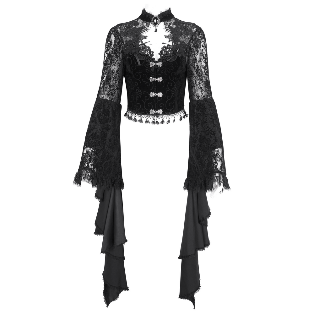Black Sheer Lace Crop Top With Long Bell Sleeves Black Sheer Lace Crop Top With Long Bell Sleeves