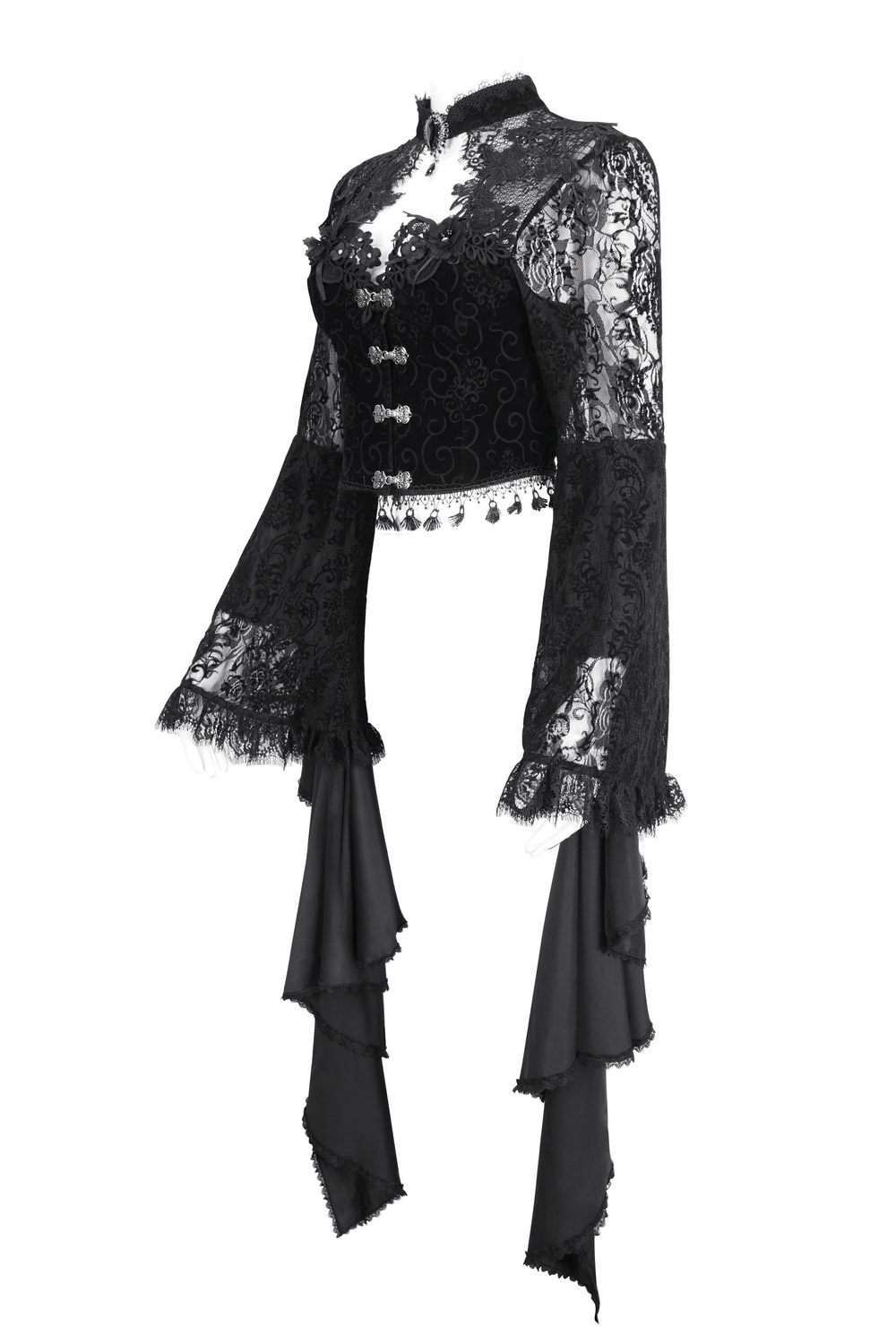 Black sheer lace crop top with long bell sleeves and scalloped neckline, perfect for gothic-inspired outfits.