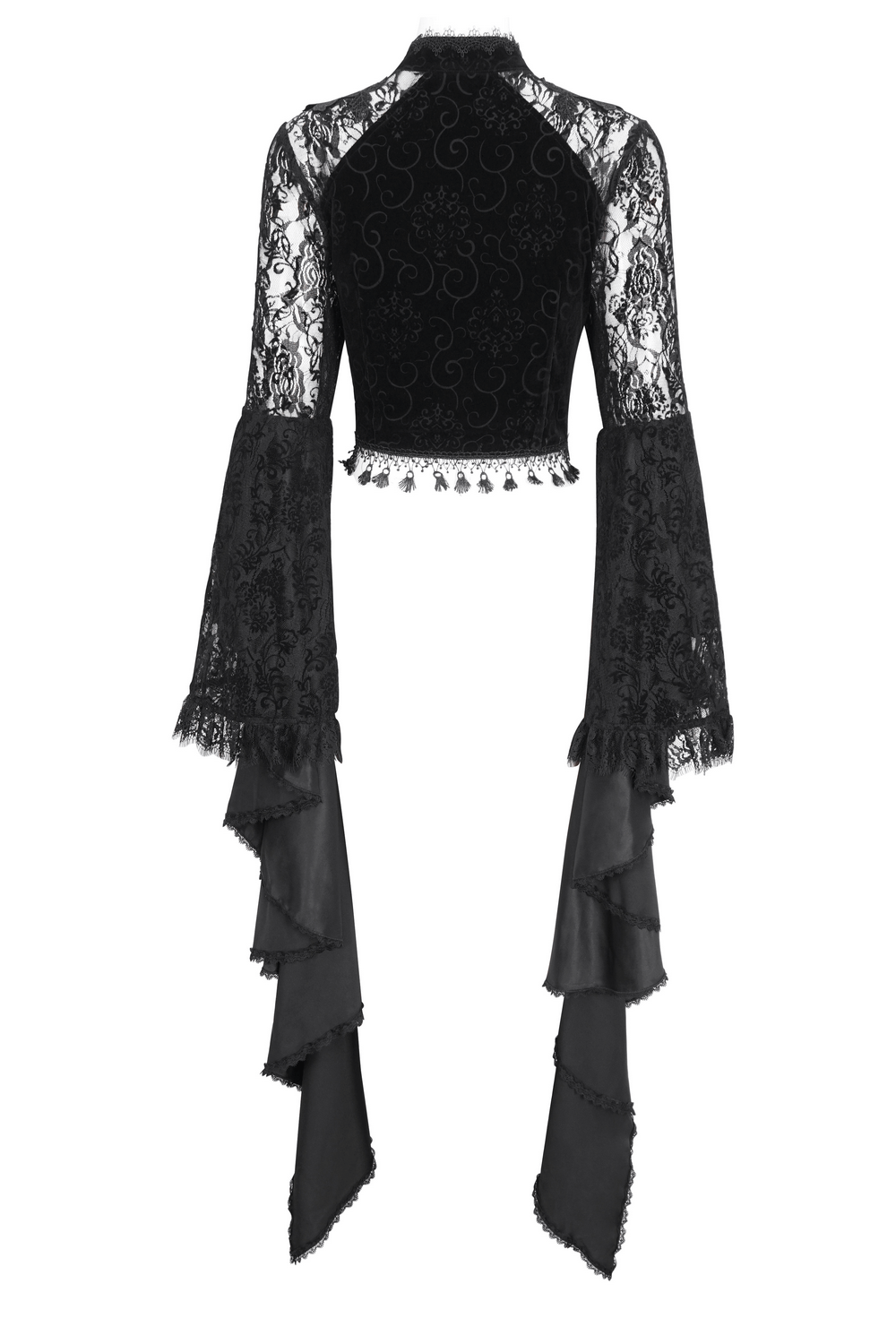 Alluring black sheer lace crop top with dramatic bell sleeves and scalloped neckline, adding gothic romance to any outfit.