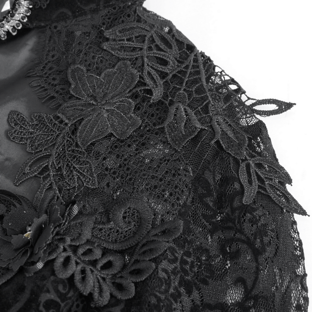 Intricate black lace details featuring floral patterns and textures for a dramatic look.