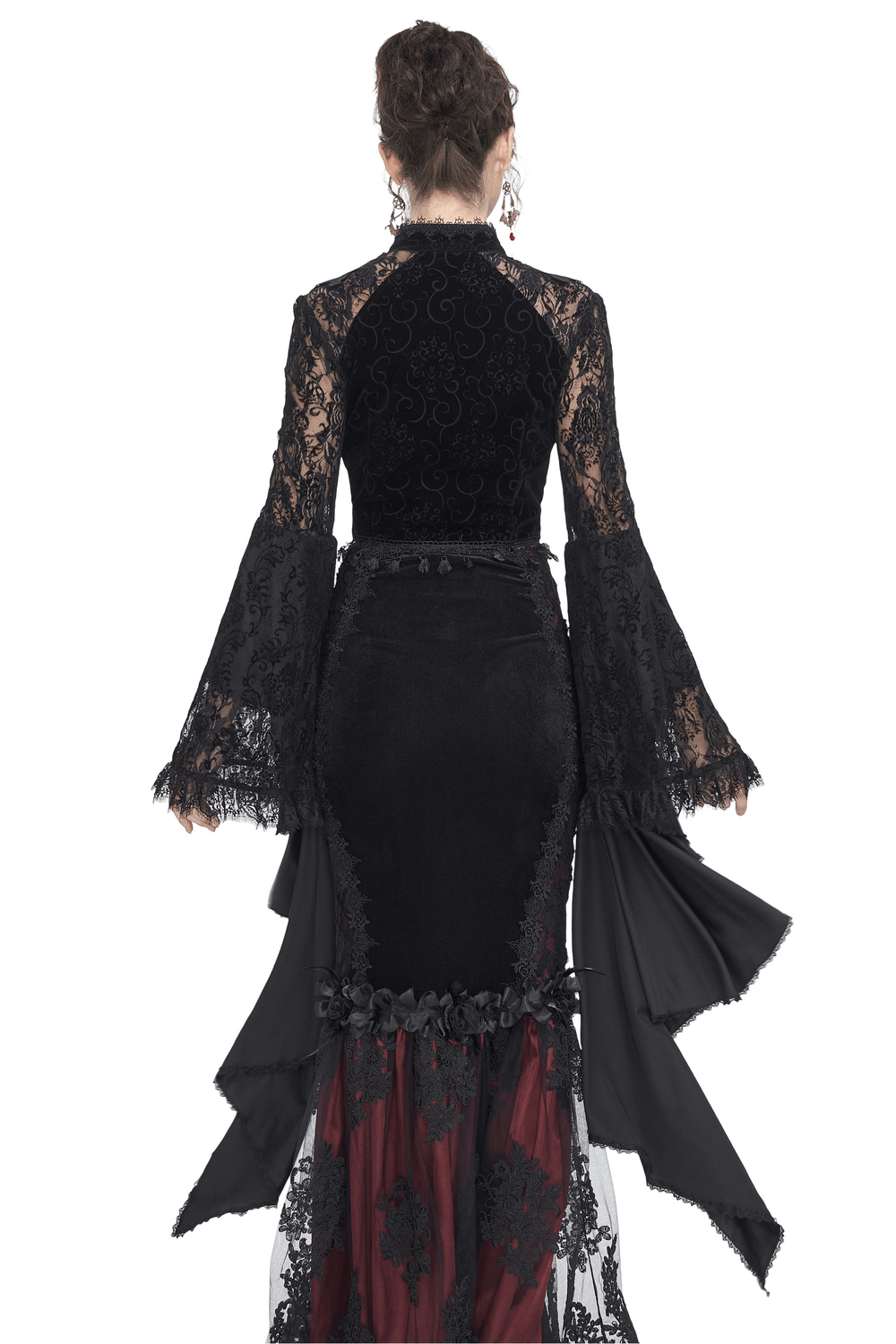 Back view of a black sheer lace crop top featuring long bell sleeves and dramatic detailing.