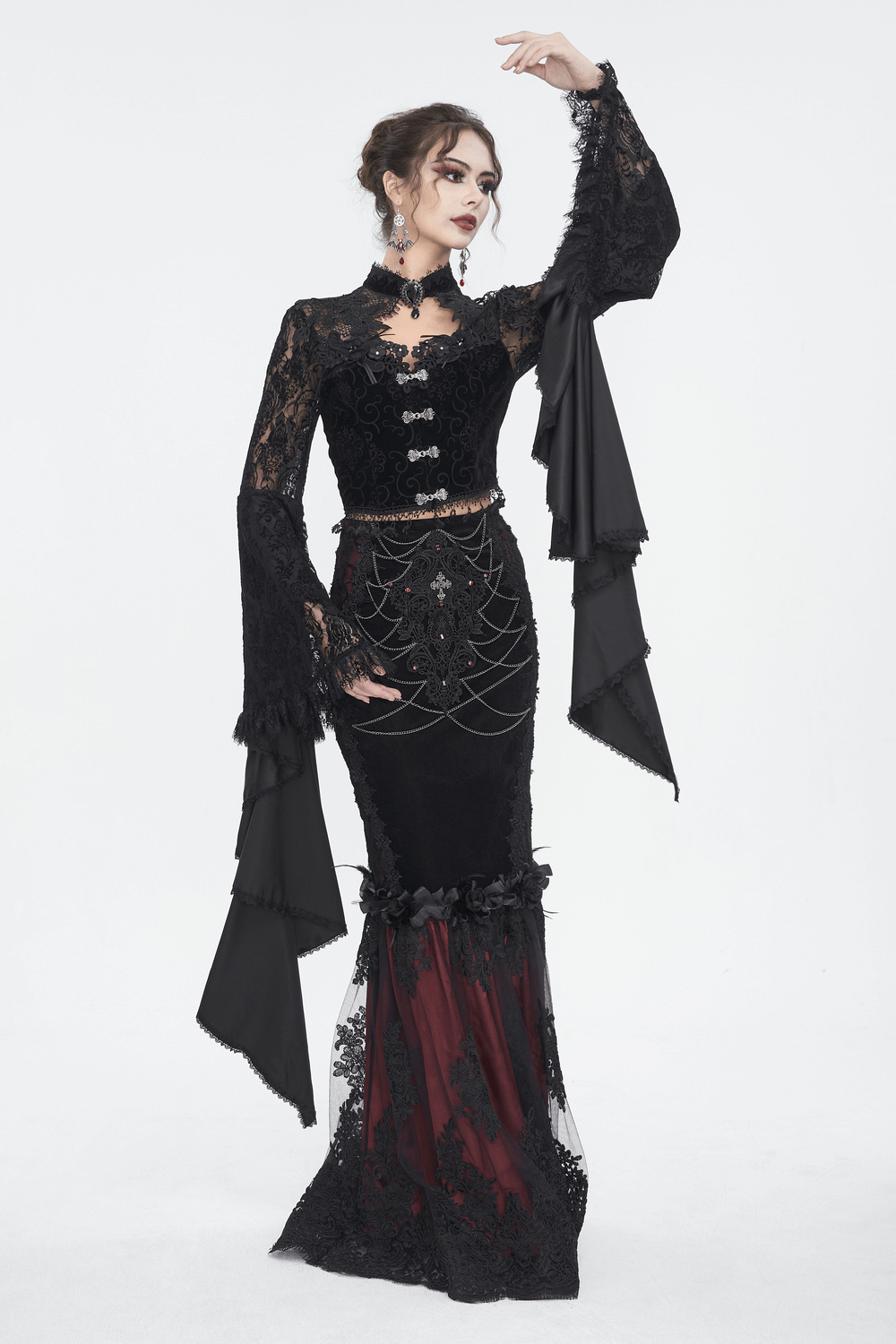 Black Sheer Lace Crop Top With Long Bell Sleeves
