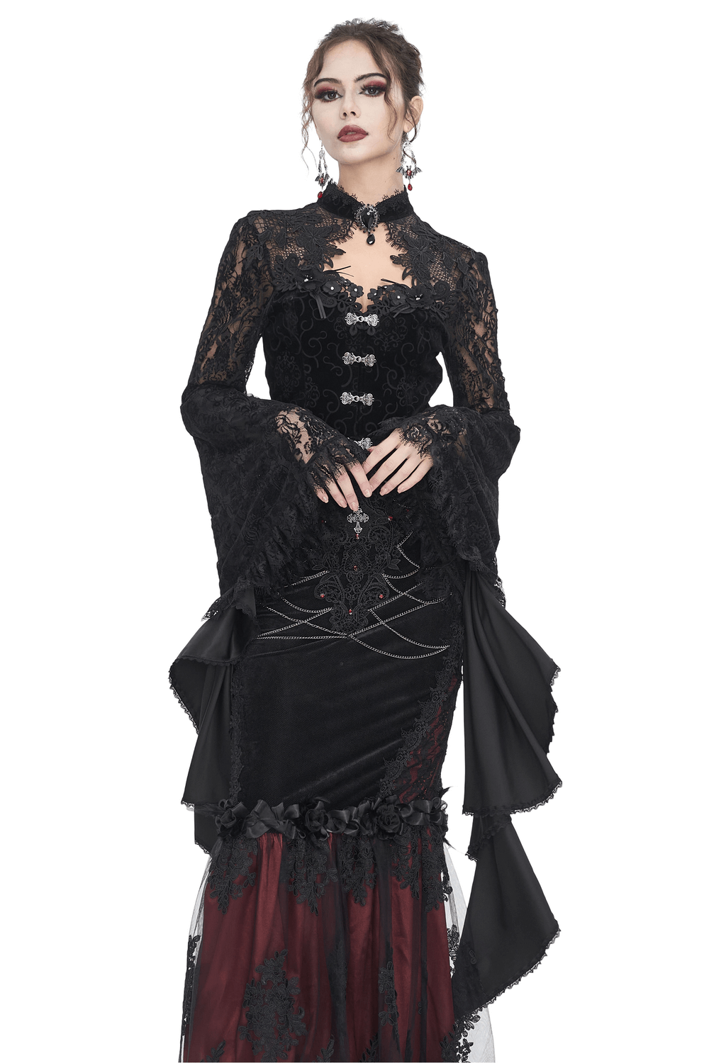 Gothic black lace top with long bell sleeves, featuring a fitted bodice and dramatic details for a romantic look.