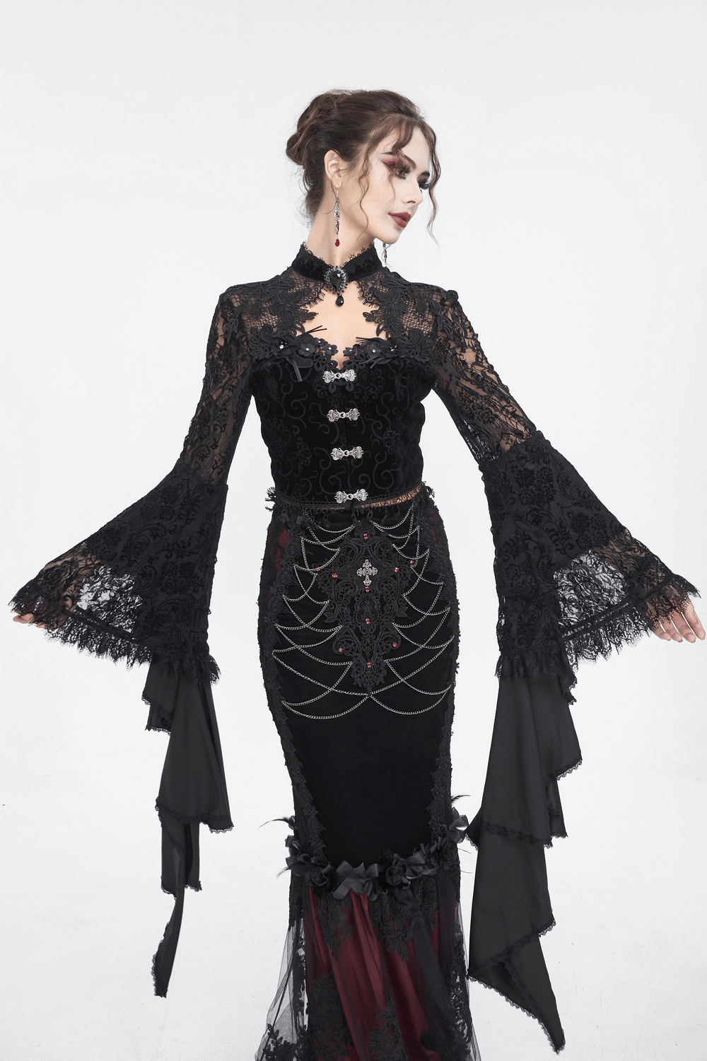 Elegant black sheer lace crop top with long bell sleeves, perfect for gothic romance and modern outfits.