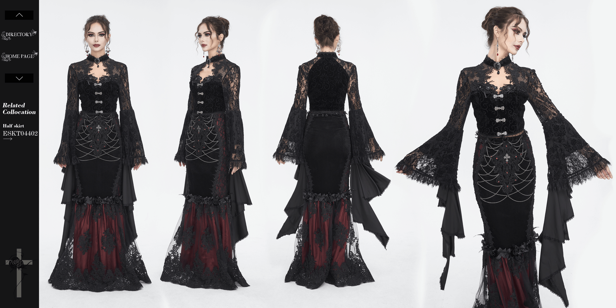 Alluring black sheer lace crop top with long bell sleeves, perfect for gothic romance outfits.