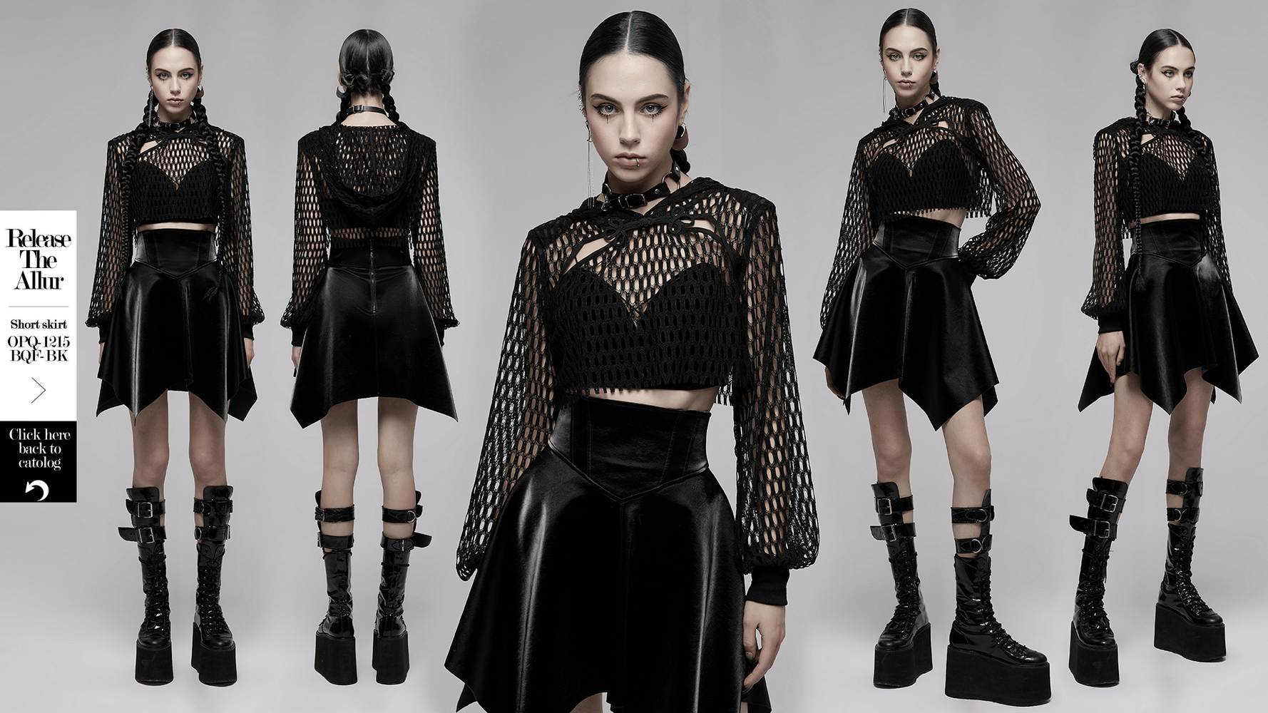Trendy black sheer mesh crop top hoodie with hood, featuring long sleeves and edgy raw hem, styled with a sleek skirt.