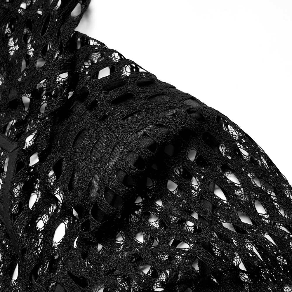 Close-up of black sheer mesh fabric showcasing intricate detailing for a trendy crop top hoodie.