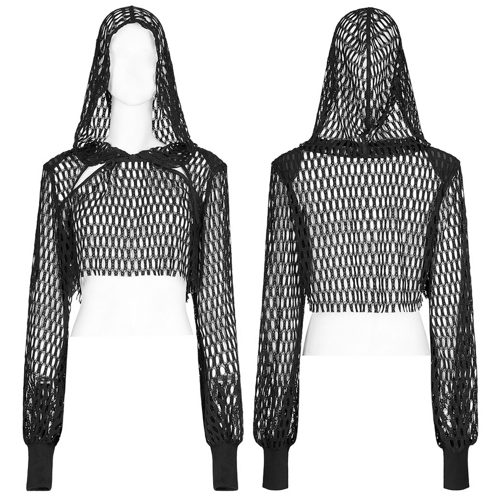 Trendy black sheer mesh crop top hoodie with long sleeves and raw hem for a punk-inspired look.