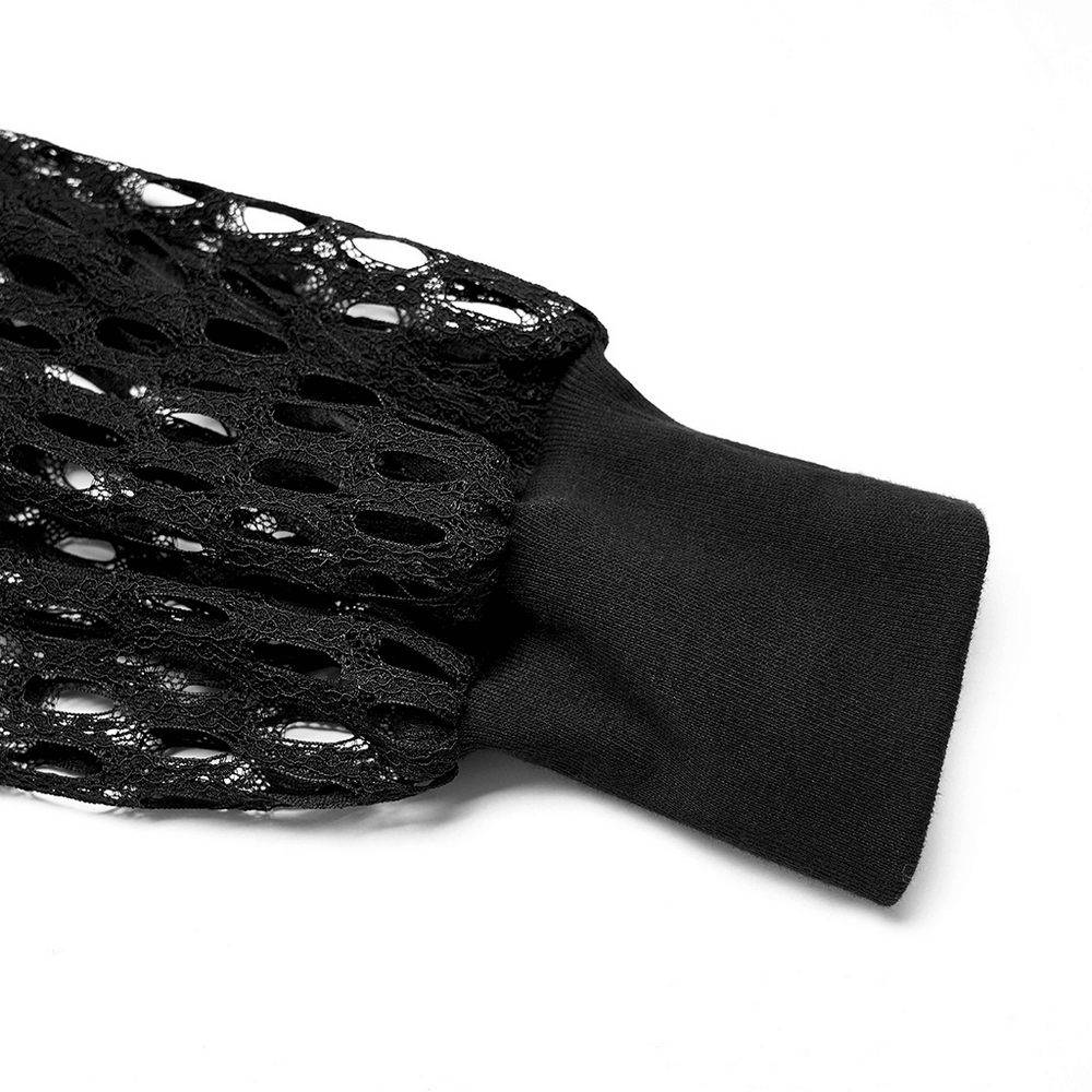 Close-up of the sleeve detail on a black sheer mesh crop top hoodie with a snug black cuff.