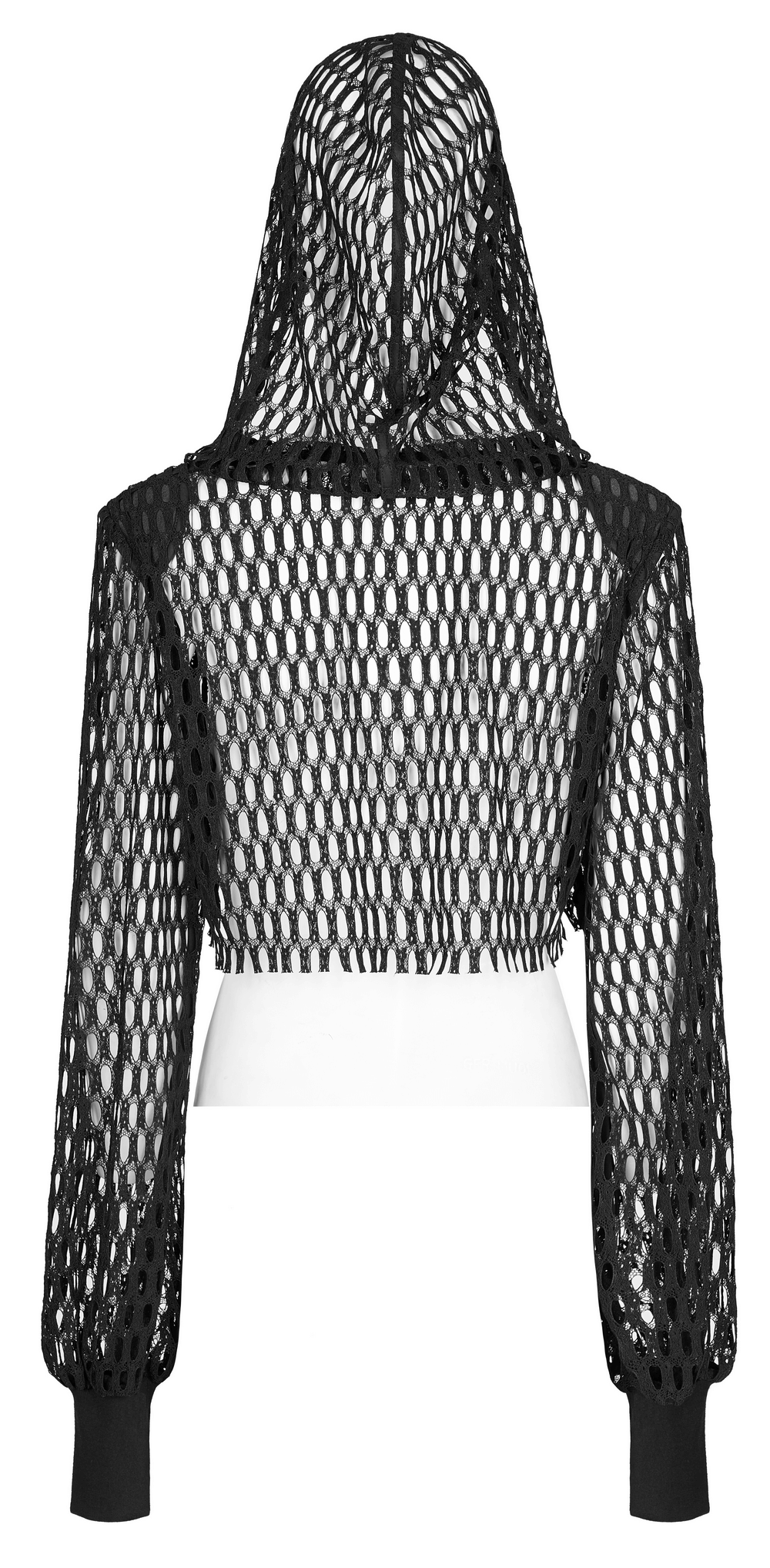 Back view of a black sheer mesh crop top hoodie, featuring a hood and long sleeves, perfect for trendy punk looks.