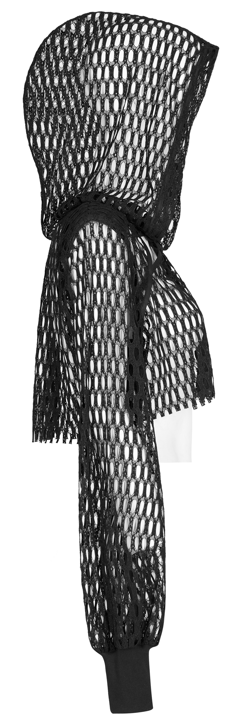 Trendy black sheer mesh crop top hoodie with long sleeves and raw hem for a punk-inspired look.